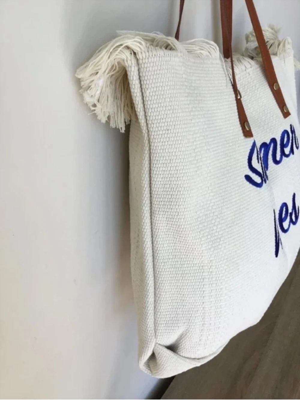 Adorable Summer Vibes White Tote Bag with Brown Straps - Picture 4 of 4